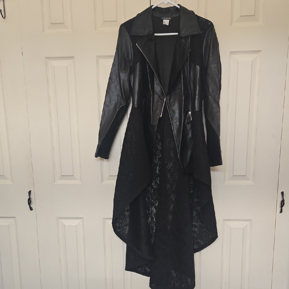 VENUS Black Leather Jacket with Lace Detail